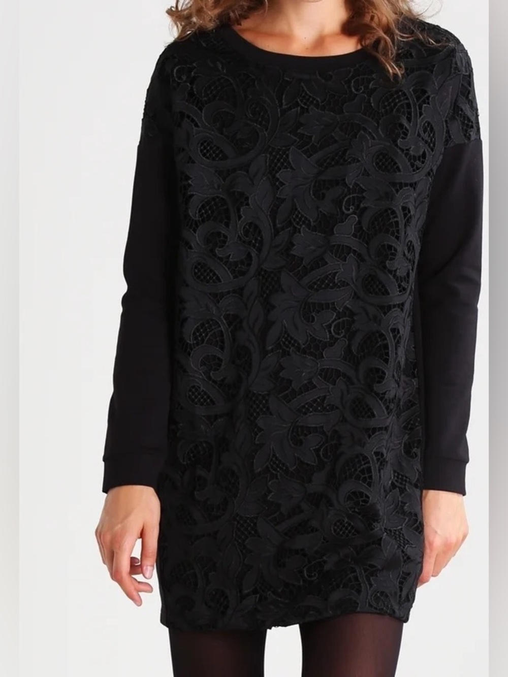 Guess Black Long Sleeve Lace Overlay Tunic Dress